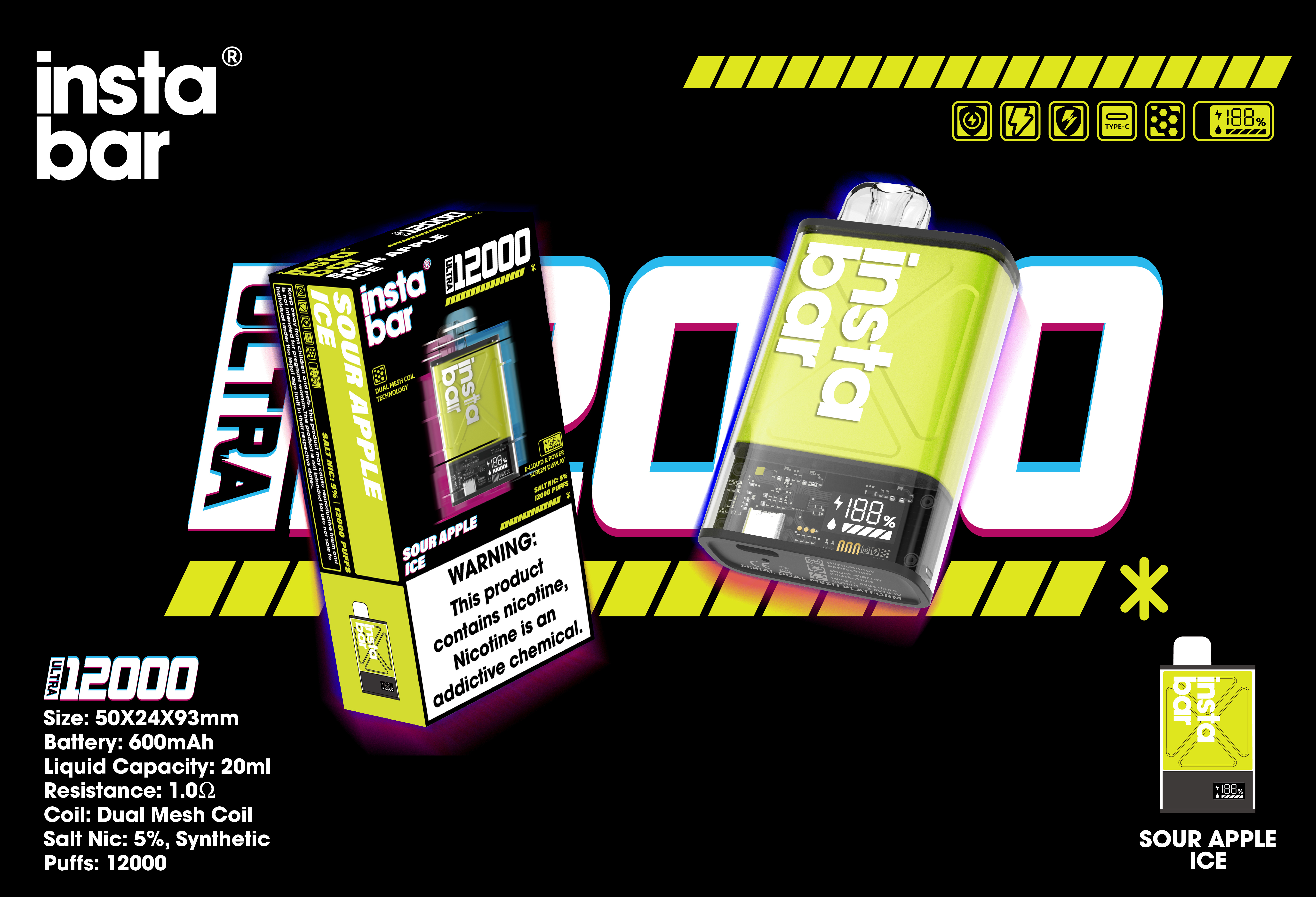 🔥INSTABAR IU12000 Obnovujúca Explózia 12000 tŕžkov – Kyslá jablková zmrzlina, super chutná!