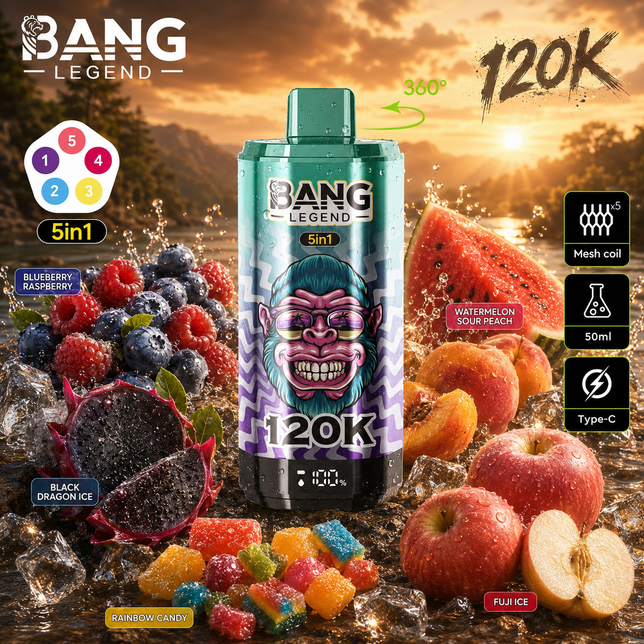 🔥🔥Nejsilnější upgrade! Bang Legend vape 120 000 potahů | jednorázové vape 5 v 1 s příchutí