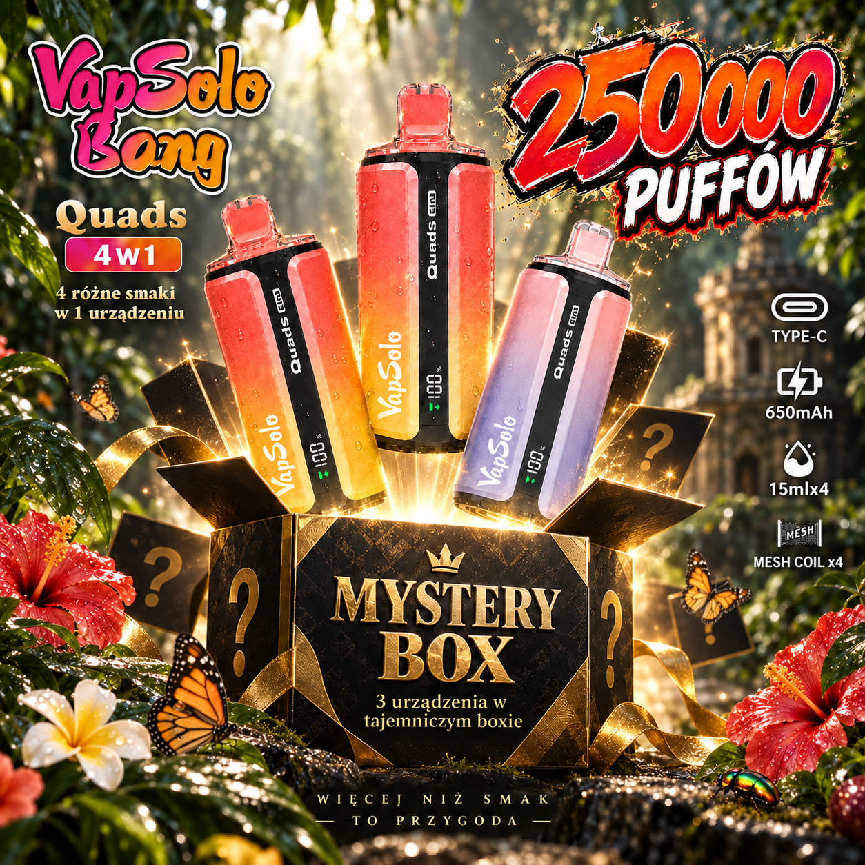 🎁3 szt. Mystery Box – VAPSOLO-BANG KING 250 000 puffów Quads 4w1 Smaki