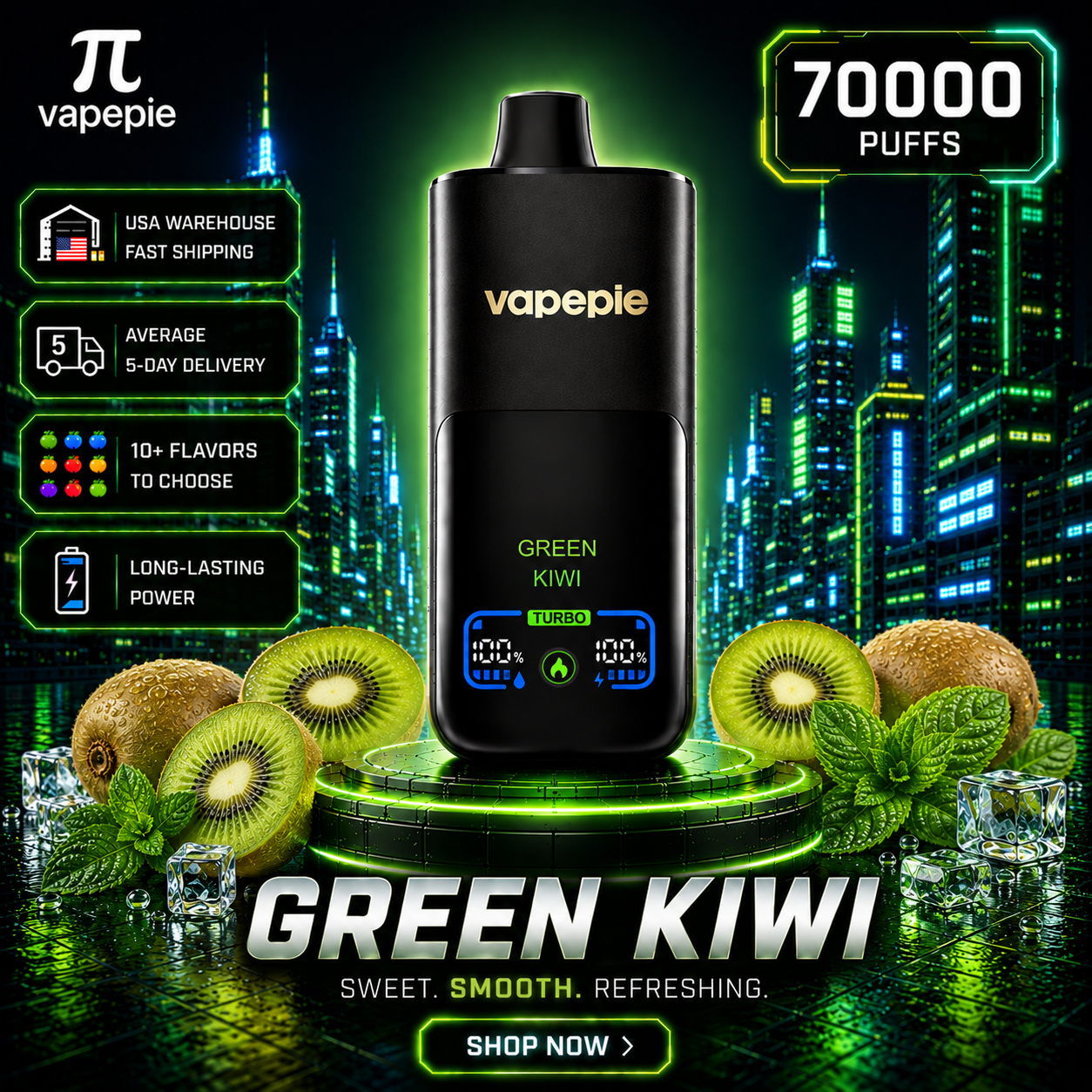 Green Kiwi | 70000 Puffs Rechargeable Disposable Vape