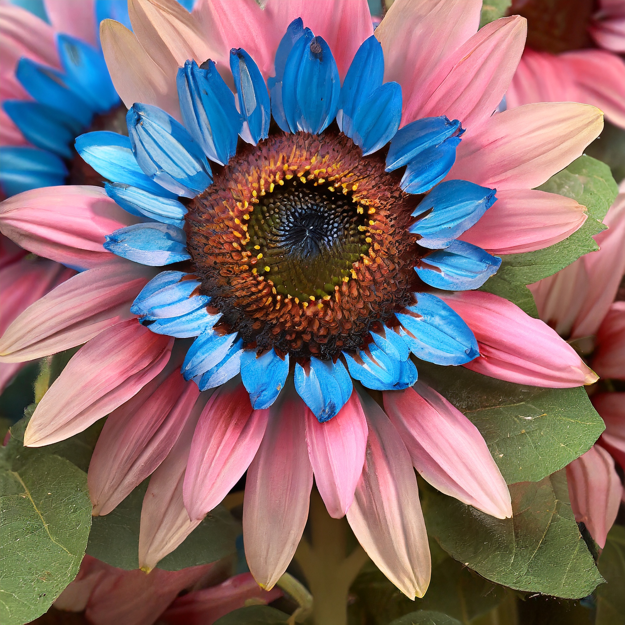 Double-flowered sunflower: blue-pink miracle