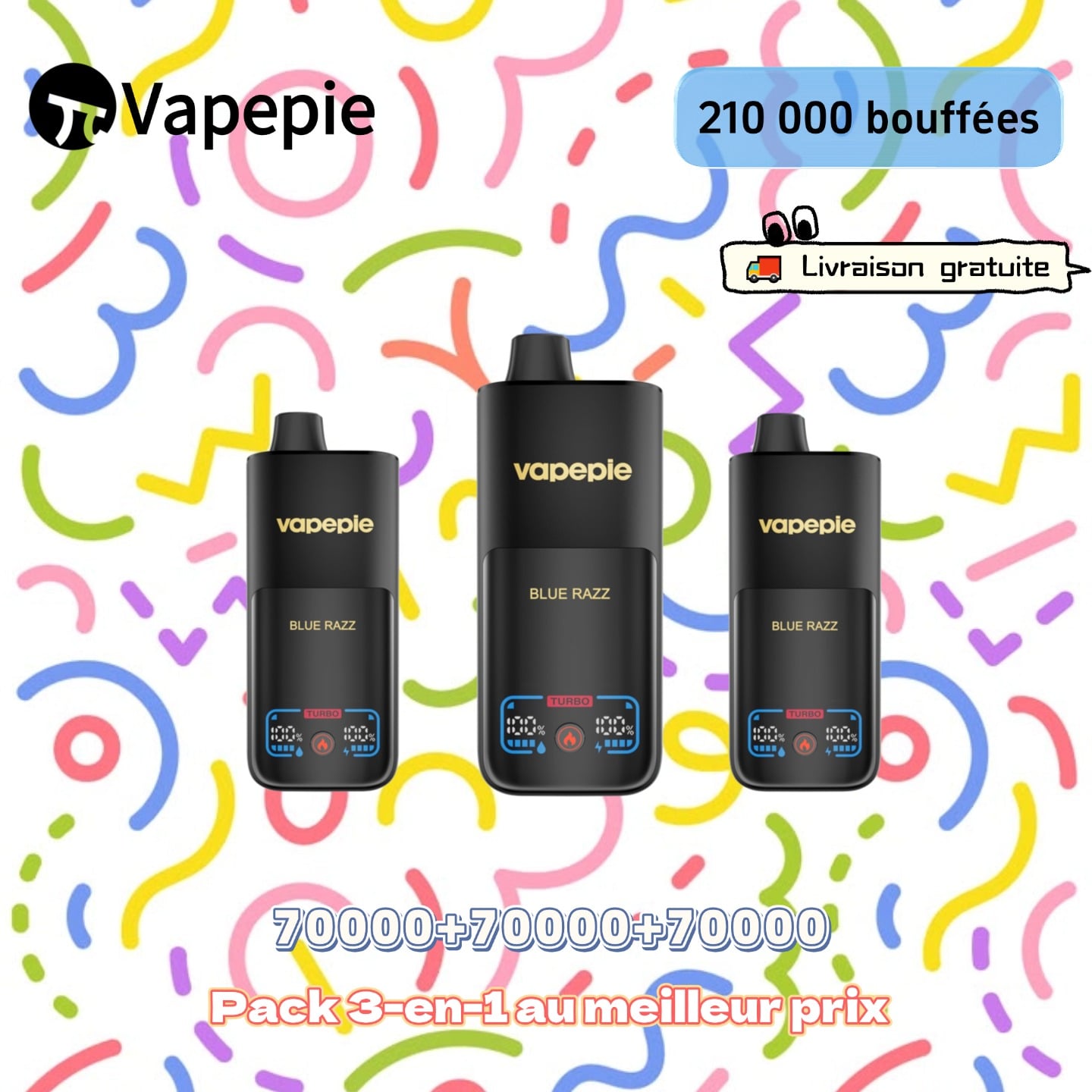 [Pack économique de 3 – 70 000 bouffées par appareil] VAPEPIE Max Cloud Max Run – Jusqu’à 210 000 bouffées au total