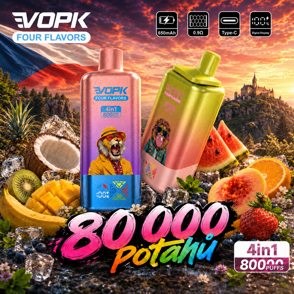 Nejsilnější upgrade! VOPK Four Flavors 80 000 potahů 2% | Jednorázová e-cigareta 4v1