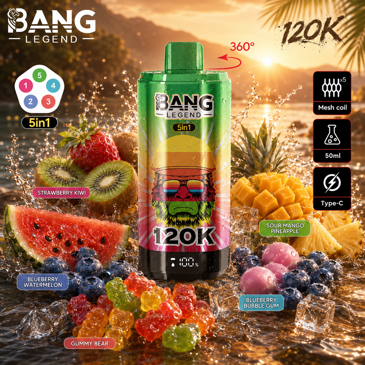 🔥🔥Nejsilnější upgrade! Bang Legend vape 120 000 potahů | jednorázové vape 5 v 1 s příchutí