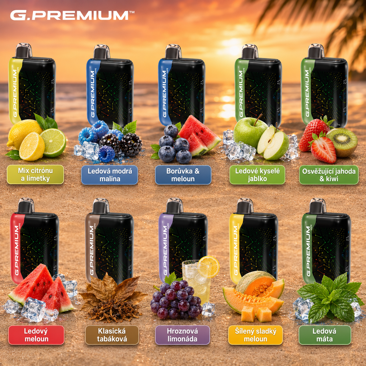 Nejsilnější upgrade! G.PREMIUM Jednorázové Vape 60 000 potahů – Ledová máta a Tradiční tabák