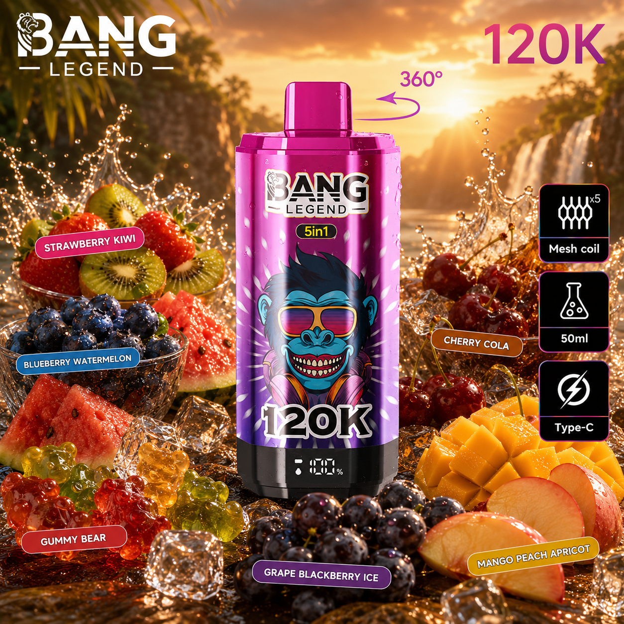 🔥🔥Nejsilnější upgrade! Bang Legend vape 120 000 potahů | jednorázové vape 5 v 1 s příchutí
