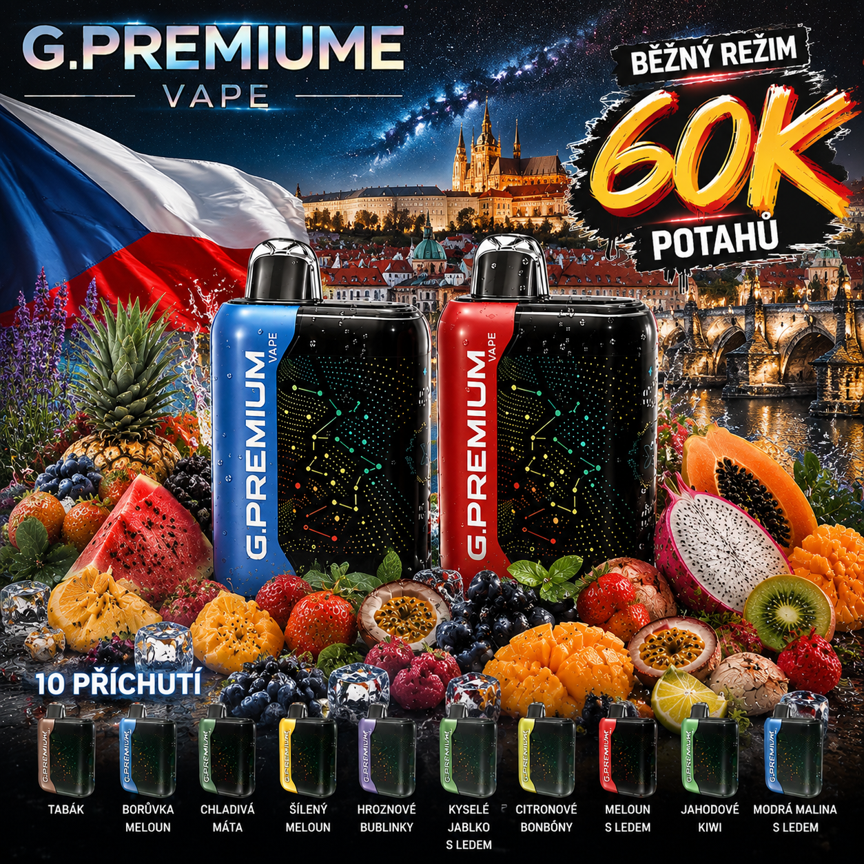 Nejsilnější upgrade! G.PREMIUM Jednorázové Vape 60 000 potahů – Ledová máta a Tradiční tabák