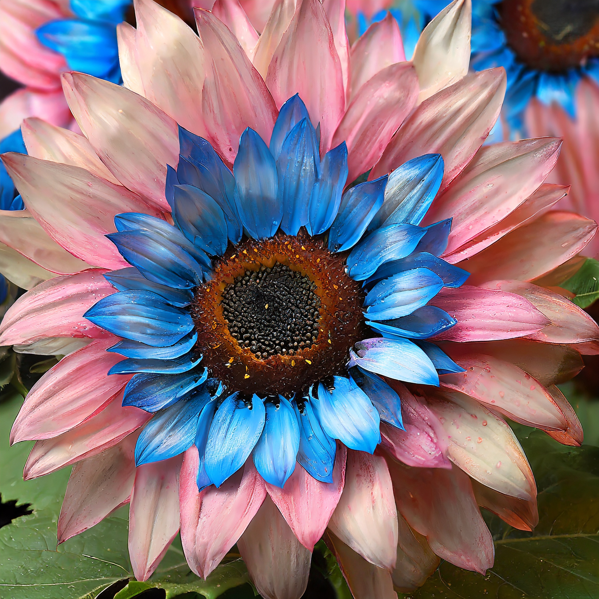 Double-flowered sunflower: blue-pink miracle