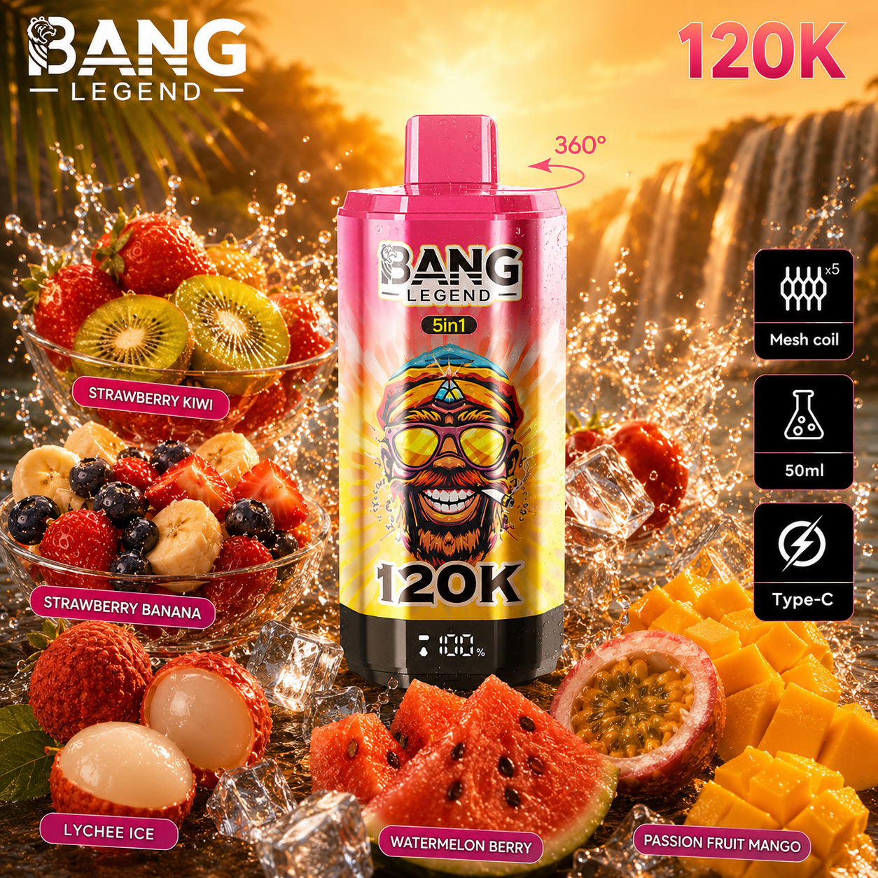 🔥🔥Nejsilnější upgrade! Bang Legend vape 120 000 potahů | jednorázové vape 5 v 1 s příchutí