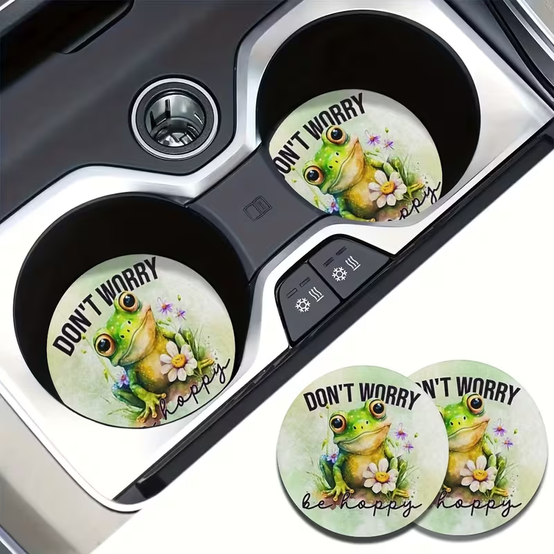 🐸🚗 “Be Hoppy” Frog Car Cup Holder Coasters  - Set of 2