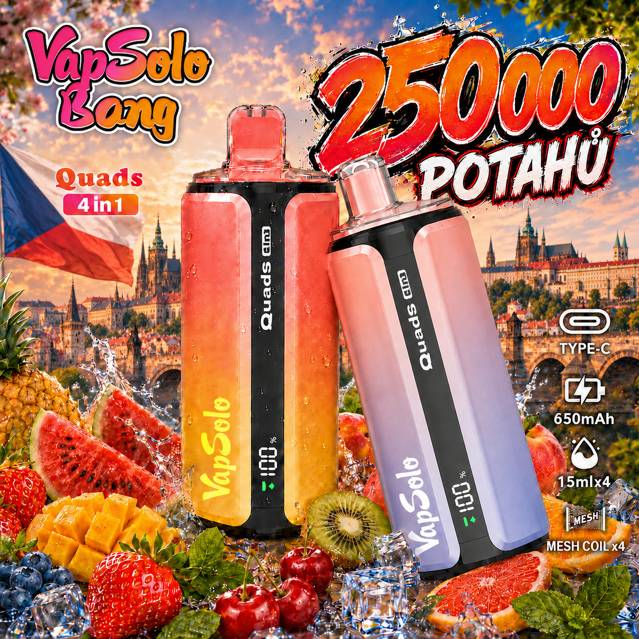 VAPSOLO-BANG KING 250 000 Potahů Quads 4v1 Příchutě​
