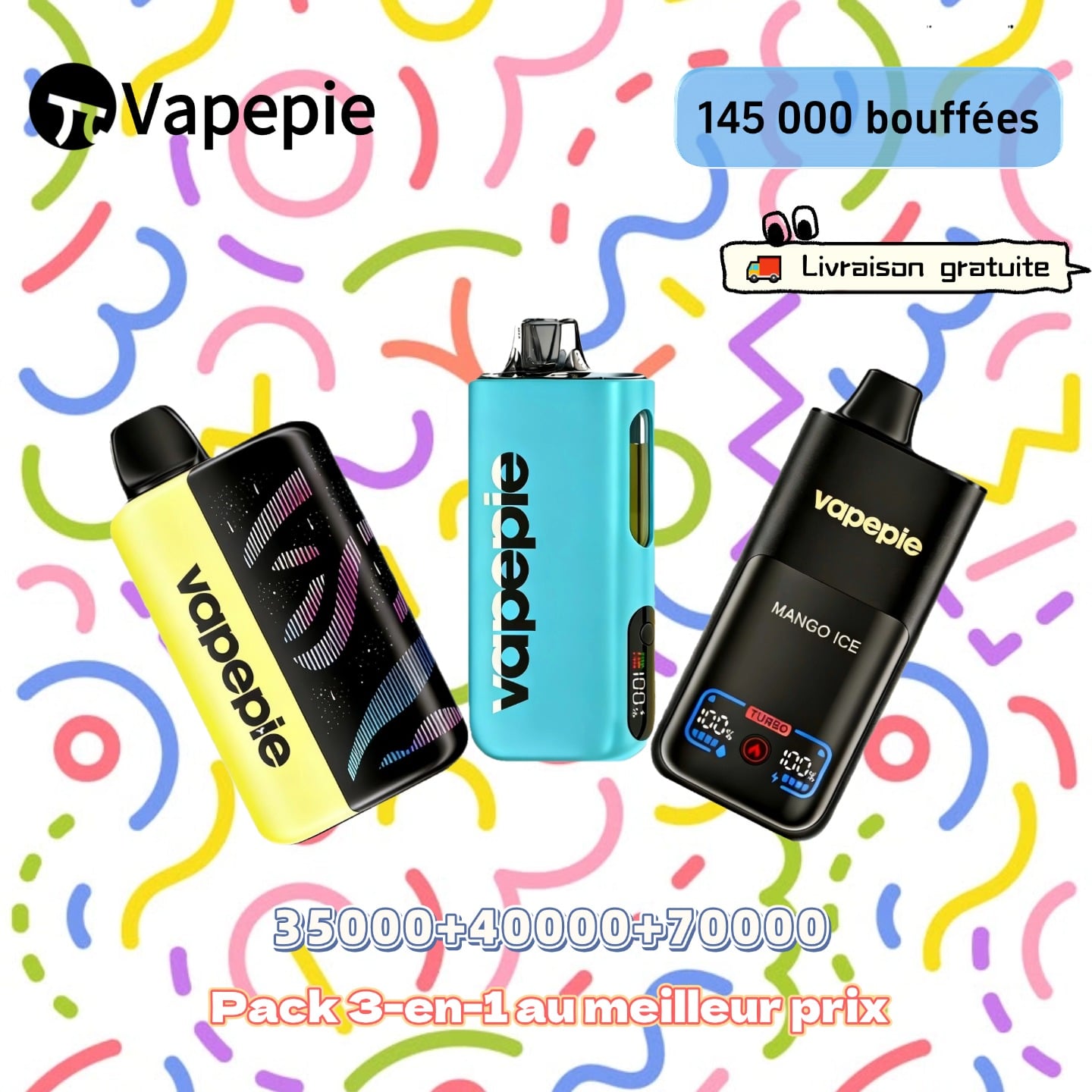 [Pack économique de 3 – 35 000 + 40 000 + 70 000 bouffées] VAPEPIE Max Cloud Max Run – Jusqu’à 145 000 bouffées au total