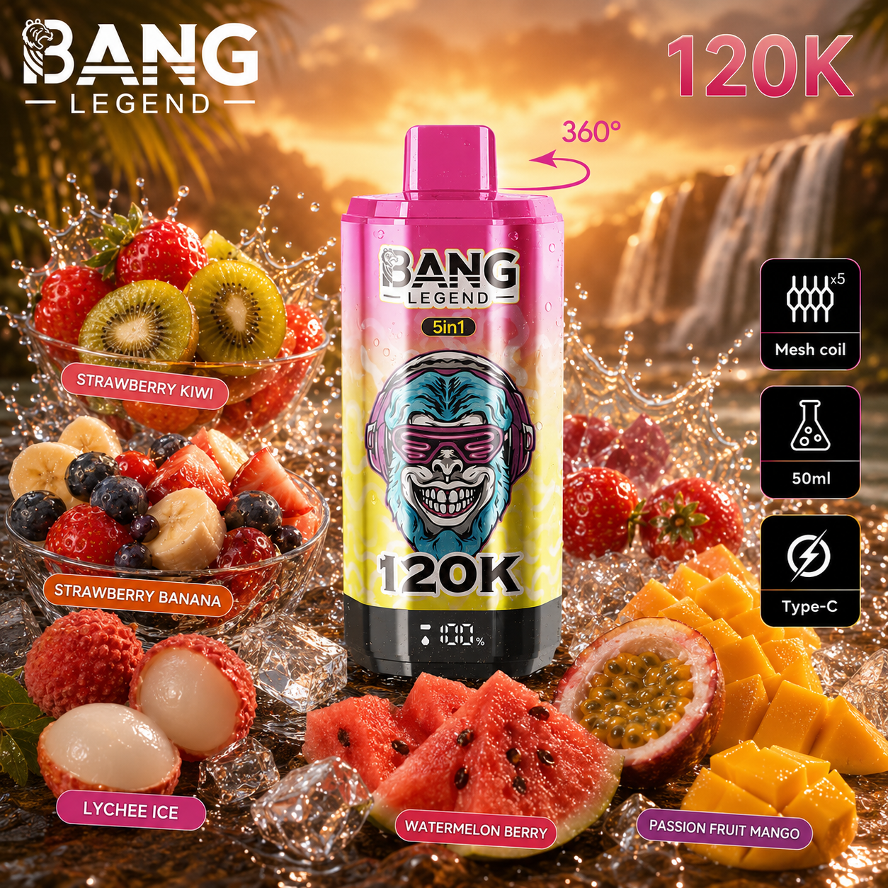 🔥🔥Nejsilnější upgrade! Bang Legend vape 120 000 potahů | jednorázové vape 5 v 1 s příchutí