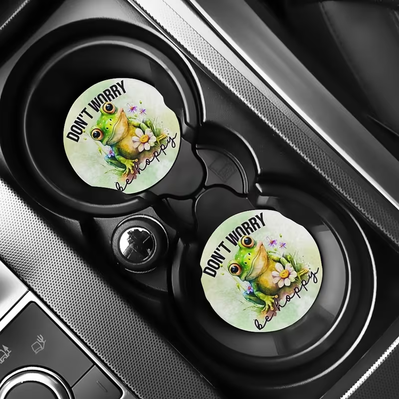 🐸🚗 “Be Hoppy” Frog Car Cup Holder Coasters  - Set of 2