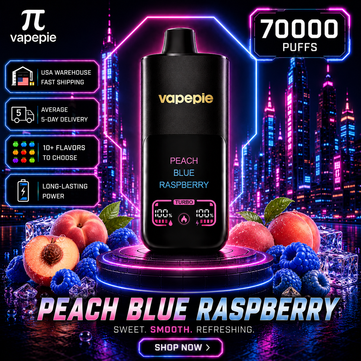 Peach Blue Raspberry | 70000 Puffs Rechargeable Disposable Vape