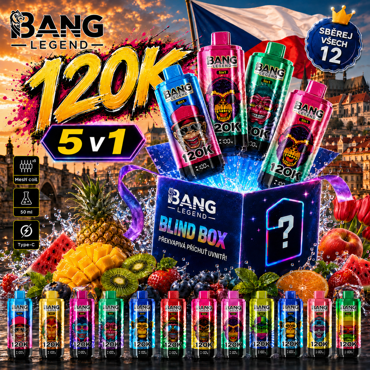 🔥🔥Nejsilnější upgrade! Bang Legend vape 120 000 potahů | jednorázové vape 5 v 1 s příchutí