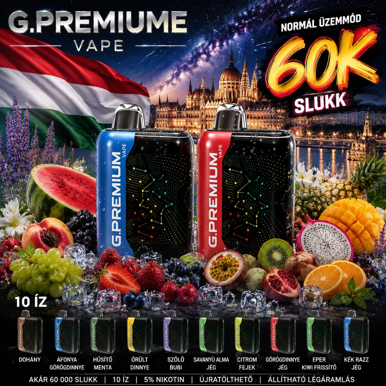 Legújabb Upgrade – G.PREMIUM VAPE 60 000 Slukk, Erős Mentol és Klasszikus Dohány ízzel