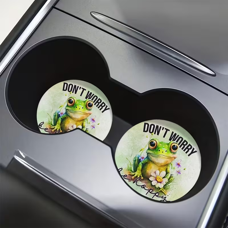 🐸🚗 “Be Hoppy” Frog Car Cup Holder Coasters  - Set of 2