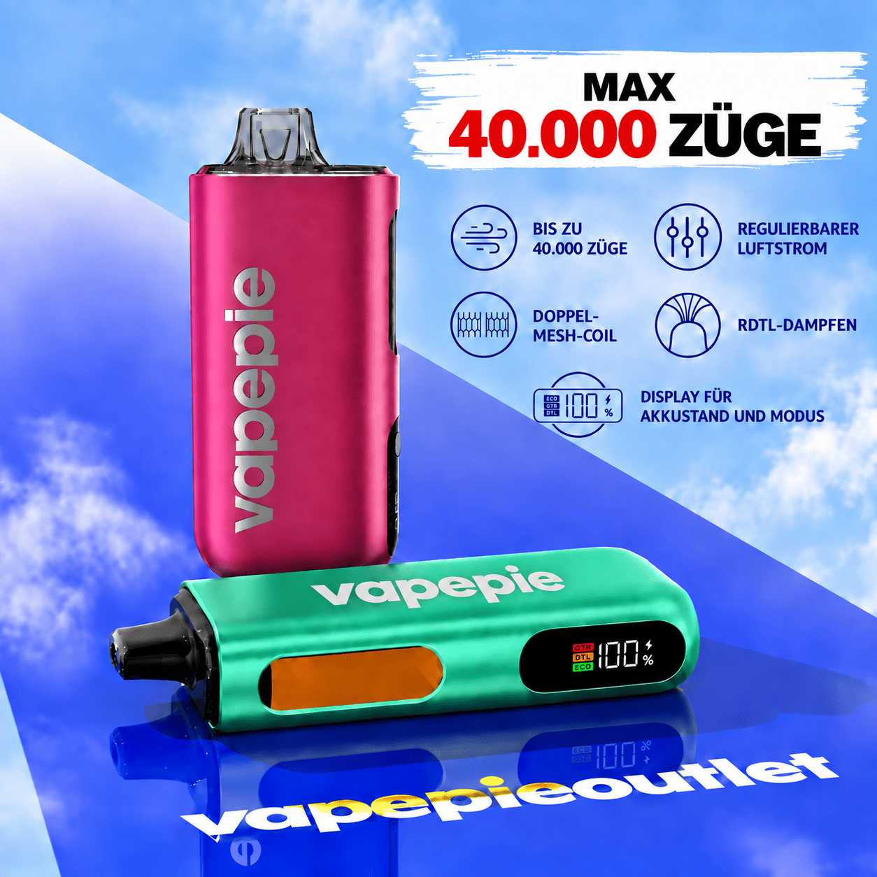 Vapepie Max 40 000 Züge – wiederaufladbare, wiederaufladbare elektronische Zigarette, verfügbar und speicherbar