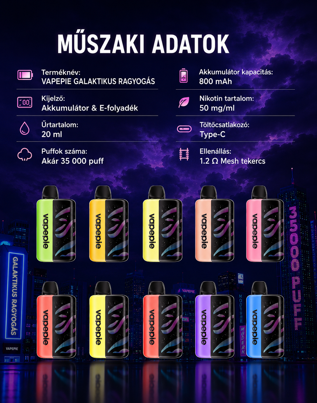 VAPEPIE 800 mAh akkumul&aacute;tor &eacute;s USB Type-C t&ouml;lt&eacute;s