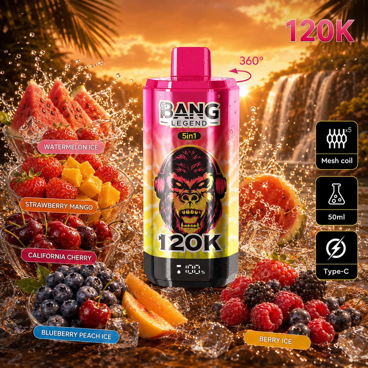 🔥🔥Nejsilnější upgrade! Bang Legend vape 120 000 potahů | jednorázové vape 5 v 1 s příchutí