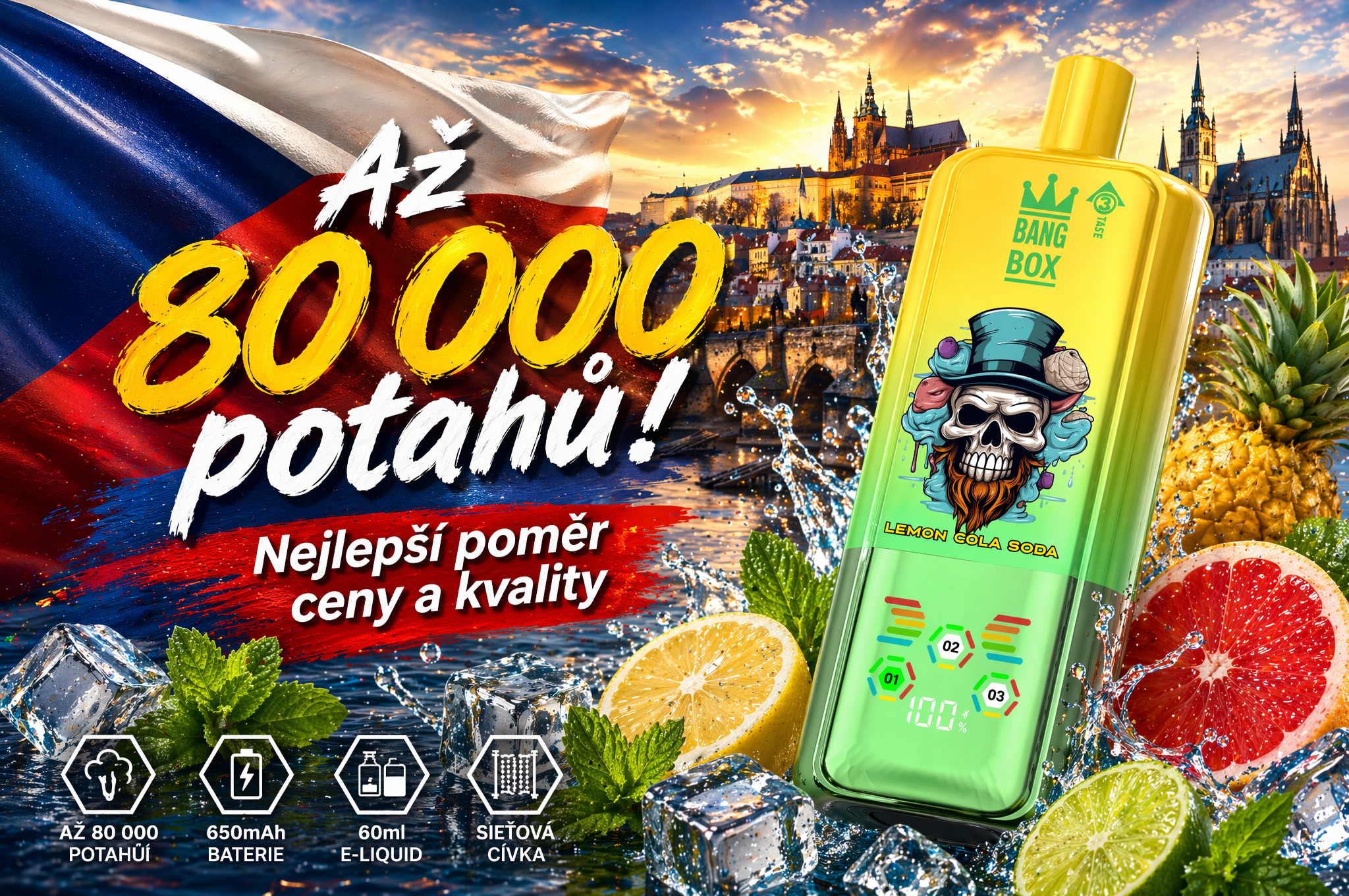 BANGBOX 80K 3 v 1 vape 80000 potahů jednor&aacute;zov&aacute; elektronick&aacute; cigareta 60 ml 850 mAh Česko